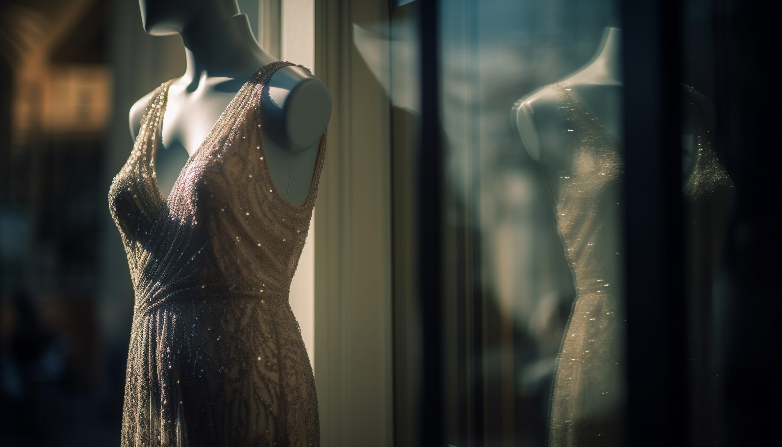 Elegant mannequin showcases designer wedding dress collection generated by AI