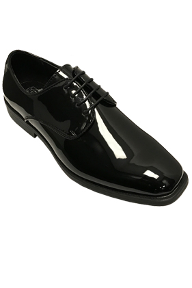 Black patent leather lace-up dress shoe.