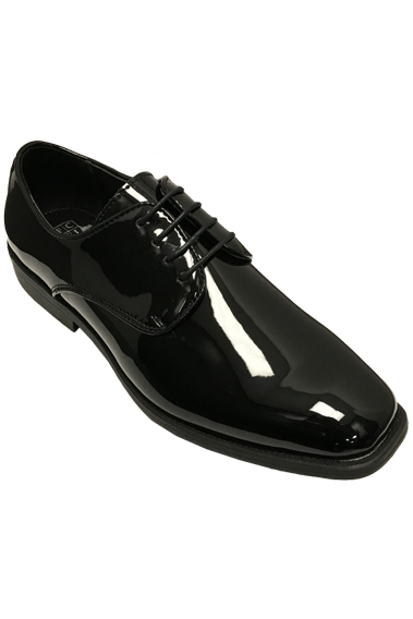 Black patent leather lace-up shoes.