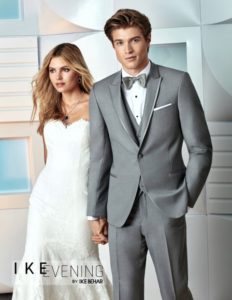 Here's an alt tag for the image: Grey suit, wedding couple, Ike Behar.