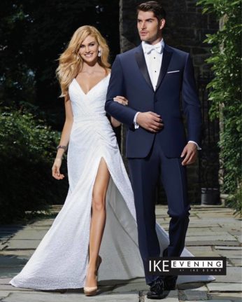 Elegant bride and groom in formal wear.