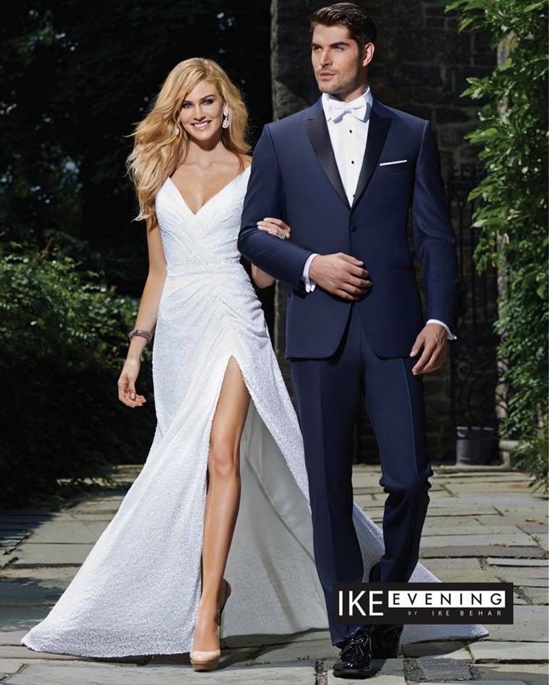 Elegant bride and groom in formal wear.